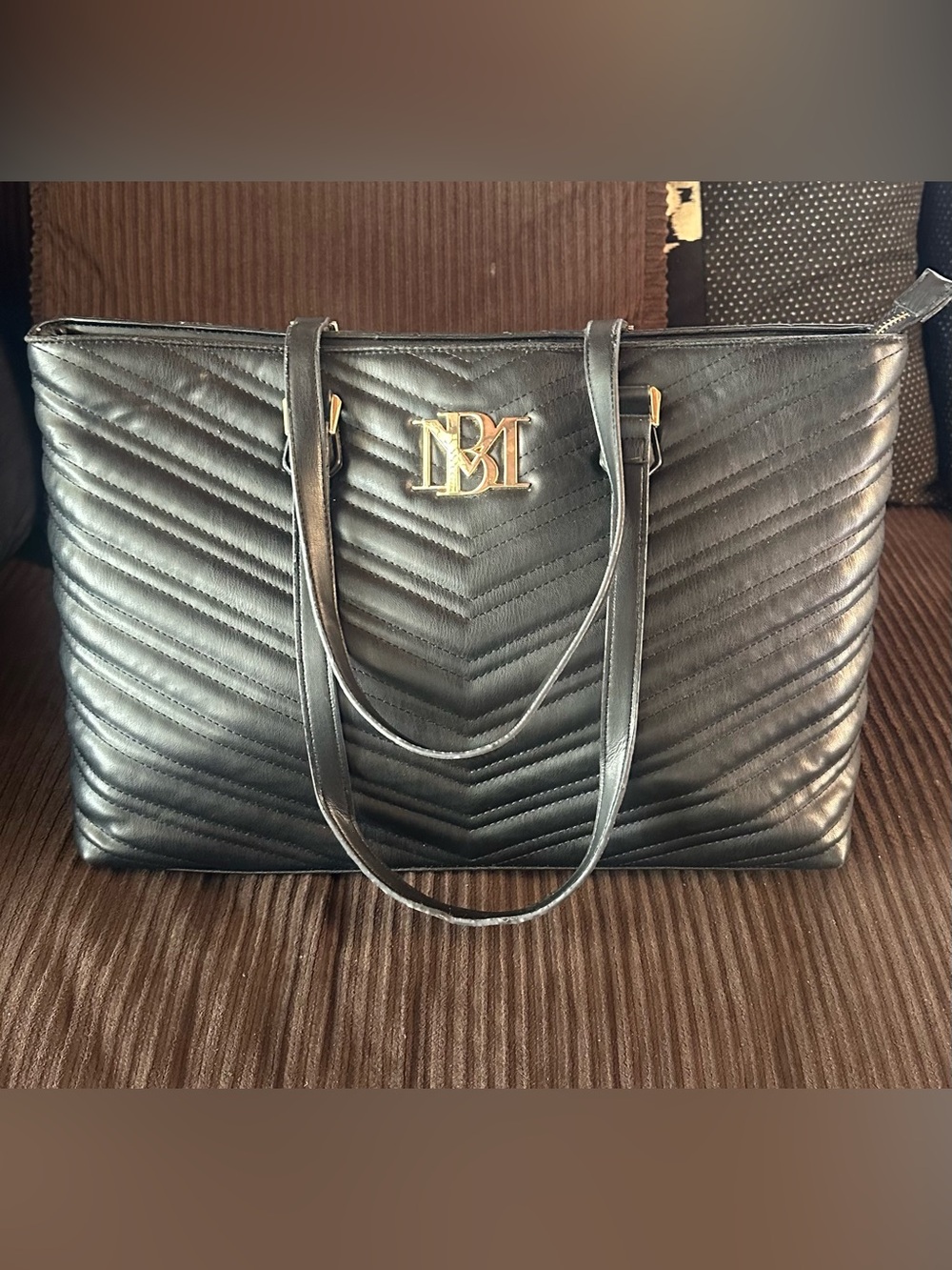 BADGLEY MISCHKA Black Chevron Quilted Leather Tote Laptop Bag w/Gold-Logo
